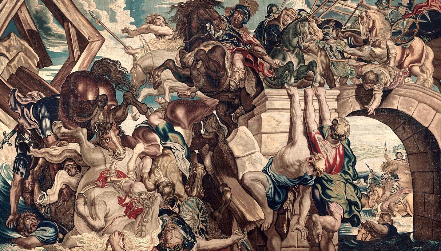 Tapestry of the Battle of the Milvian Bridge: horsemen and soldiers tumble from a stone bridge into the river