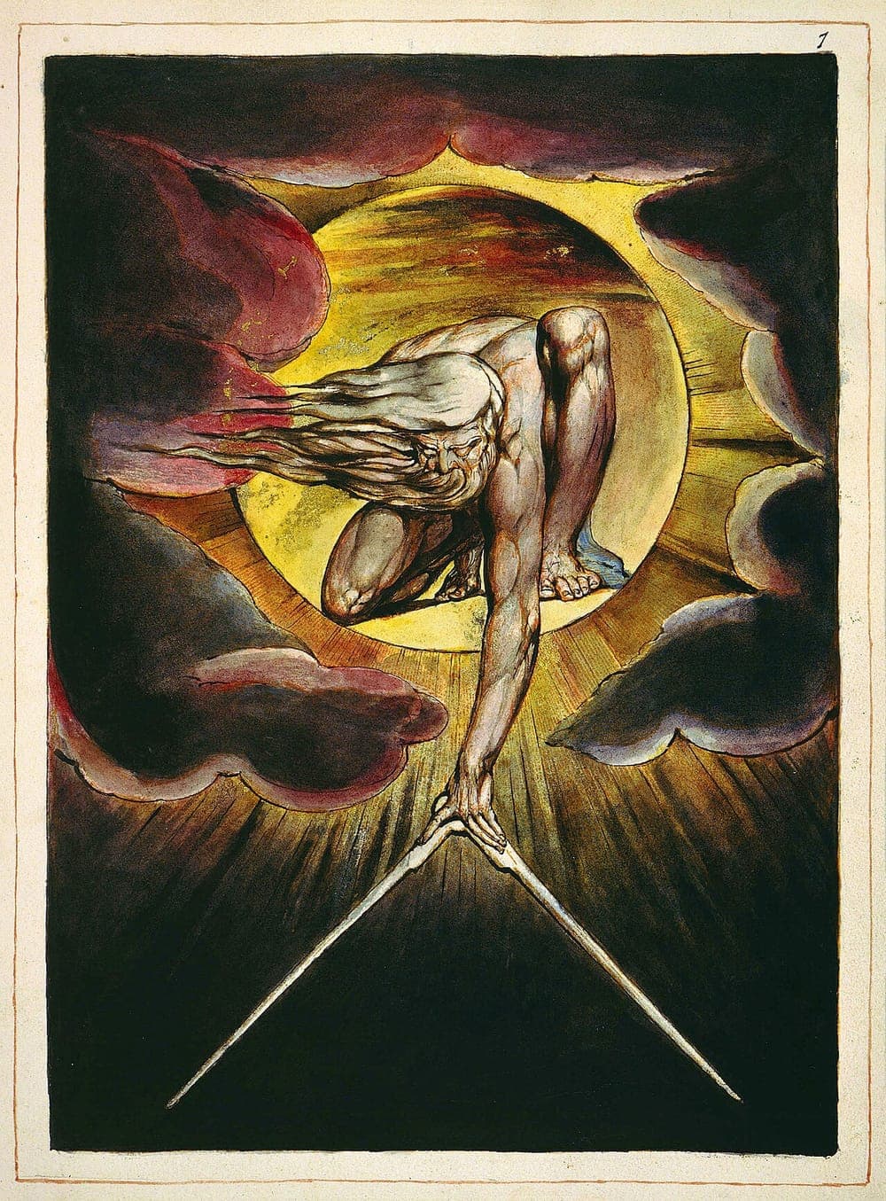William Blake's The Ancient of Days: a bearded figure kneels in a blazing disc and reaches down with a pair of golden compasses into the darkness