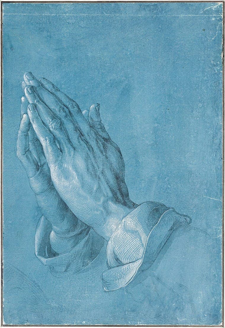 Albrecht Dürer's drawing of two hands pressed together in prayer, in white and grey on blue paper