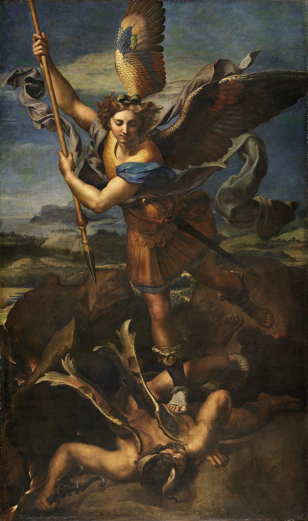 Raphael's Saint Michael Vanquishing Satan: the archangel, wings spread, drives his spear down at Satan beneath his feet