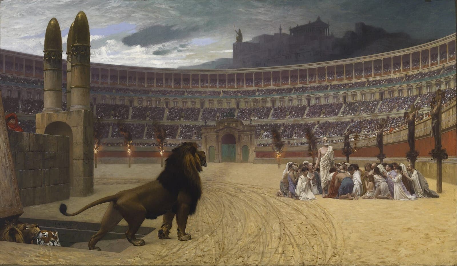 Jean-Léon Gérôme's The Christian Martyrs' Last Prayer: a group kneels in prayer in a vast Roman arena as a lion emerges from a gate