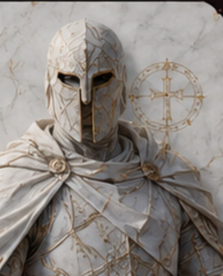 An ivory marble crusader bearing a gilded cross