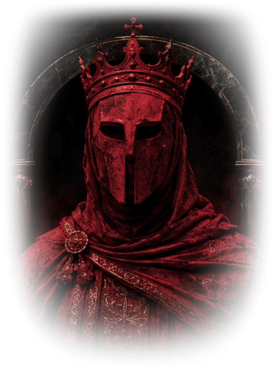 The crimson sovereign of Posh Specter, crowned and robed before a black marble arch